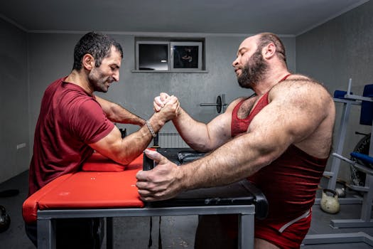 Two muscular men engage in a competitive arm wrestling match in a gym environment.