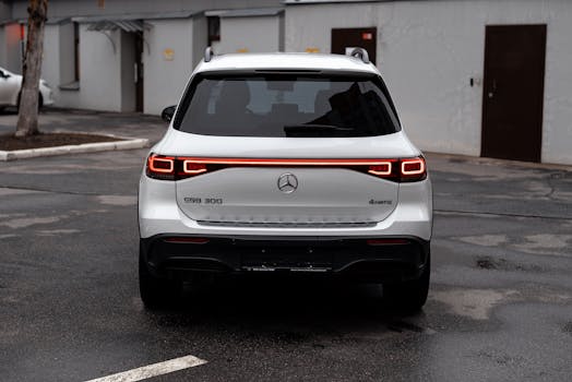 Rear view of a modern white Mercedes-Benz EQB parked outdoors.
