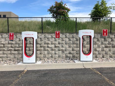 Dual Tesla electric car chargers in Idaho Falls parking lot with clear blue sky.