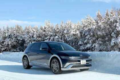 Hyundai Ioniq 5 electric car on a snowy road in Sapporo, Japan.