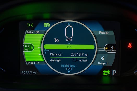 Detailed view of an electric vehicle's dashboard showing speed, battery range, and power metrics.