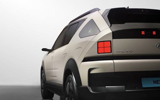 Detailed rear view of the Hyundai Nexo FCEV captured in a modern studio setting.