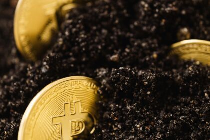 Close-up of gold bitcoins partially buried in rich dark soil, symbolizing cryptocurrency and wealth.